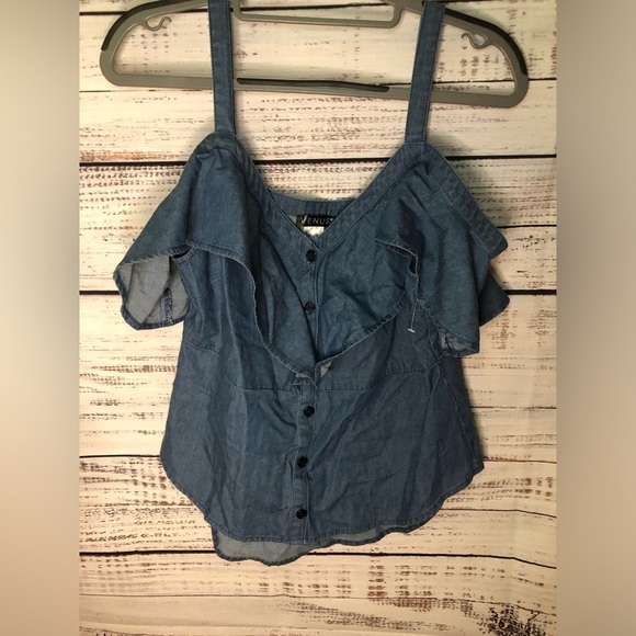 VENUS Blue Sleeveless Blouse with Ruffled Neckline - Picture 10 of 12